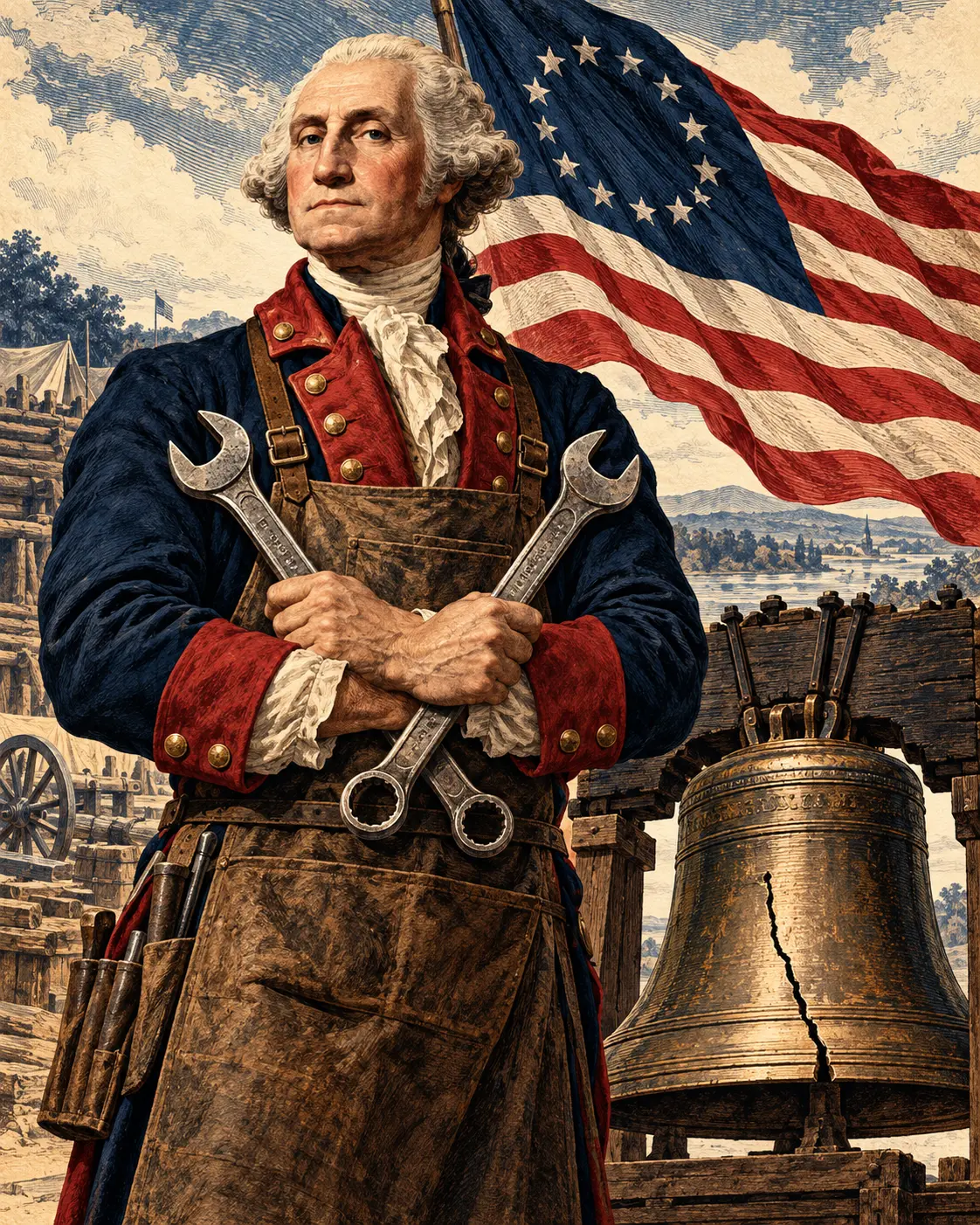 Illustration of George Washington in a Continental coat and work apron holding two crossed wrenches, with the Liberty Bell behind him.